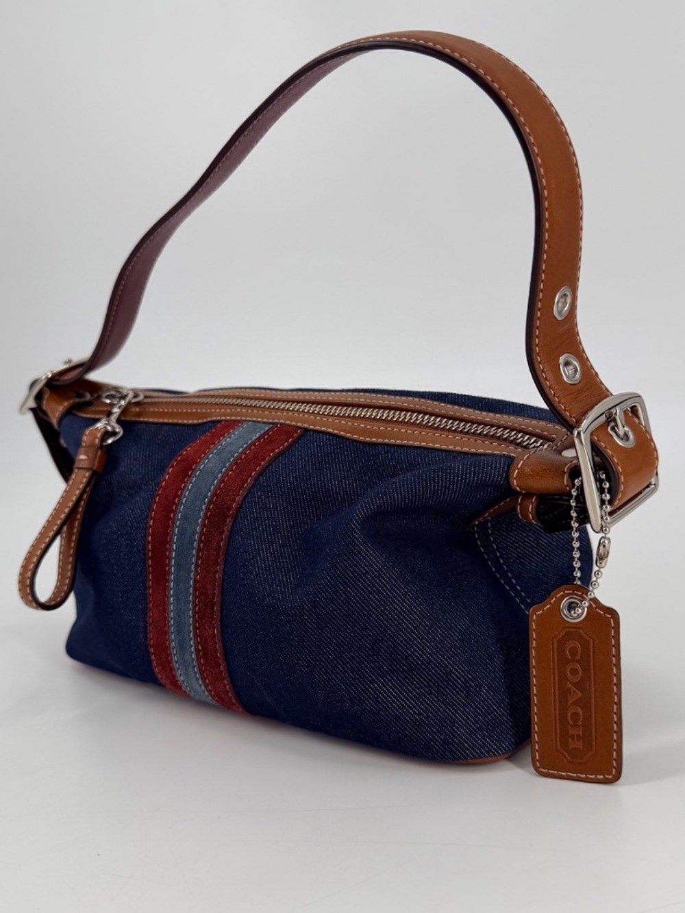 Coach Denim Stripe Mini Shoulder Bag Pouchette Pouch Y2K Style - Picture 2 of 6